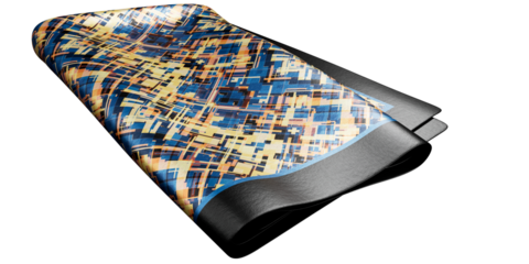 close-up shot of Yellow blue geometric pattern silk pocket square with thick black border, isolated on a transparent background.  Close-up shot of folded pocket square