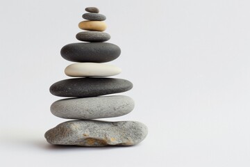 Pyramid of various sea pebbles, pyramid of balanced stones Isolated on white background. Concept harmony, life balance and meditation.