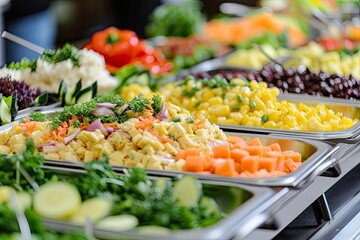 Catering meals prepared for guests at a wedding or hotel dinner. Healthy salads and other vegetables.