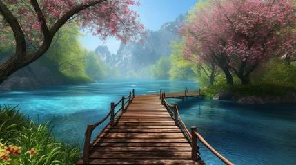 Poster Painting of a Wooden Bridge Over a River © Viktoriia