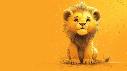  a painting of a lion sitting on the ground with his eyes closed and his head turned to the side, with a yellow background behind him is a yellow background.