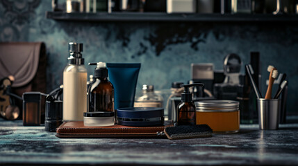 A stylish arrangement of mens grooming products on a classic masculine background.
