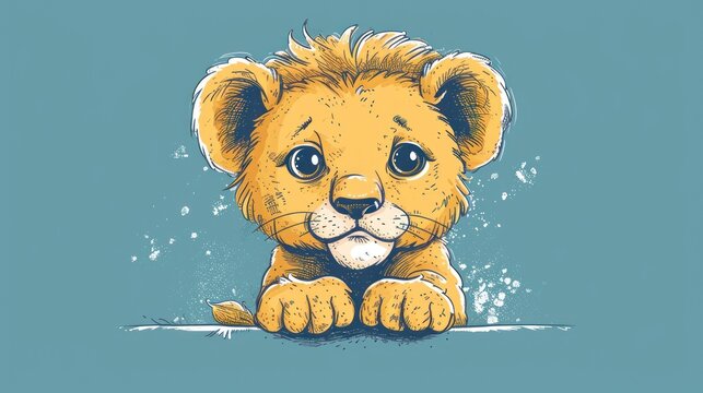  a drawing of a lion cub sitting on a blue surface with his paws resting on the edge of the edge of the frame, with a blue background of the image.