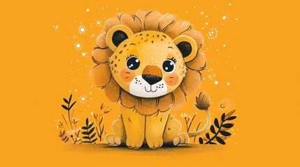 a drawing of a lion sitting in a field of grass and flowers on a yellow background with the words happy birthday written on the front of the lion's head.