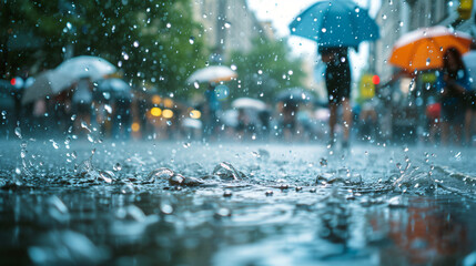 A summer day with sudden heavy rain showing raindrops splashing on city streets and people rushing for shelter. - obrazy, fototapety, plakaty