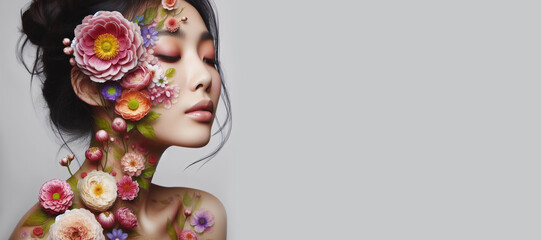 Beautiful brunette woman surrounded by flowers. Spring look. Cosmetics, make-up. Perfumery.