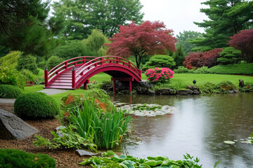 Japanese garden with a pond and a red bridge in the background