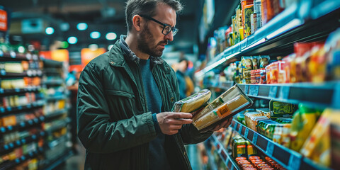 A man stands in a crowded convenience store, surrounded by shelves of food and drinks, his eyes fixed on the colorful packaging as he contemplates his next purchase - obrazy, fototapety, plakaty