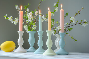 Candle holders with pastel candles and spring decor. Generative AI