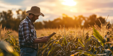 A rugged farmer, adorned in a traditional cowboy hat, stands among the golden fields of corn, his face lit up by the warm glow of the setting sun, as he checks on his crop using modern technology