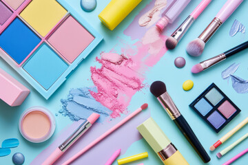 Colorful assortment of makeup products. Decorative cosmetics and makeup brushes. Generative AI