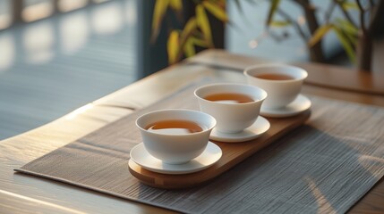 Afternoon tea in three elegant white cups on a bamboo tray, serene natural setting