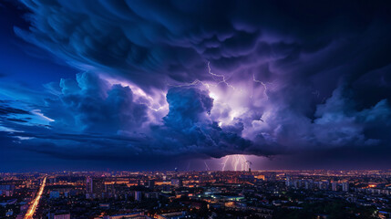Naklejka na ściany i meble A thunderstorm over a cityscape.