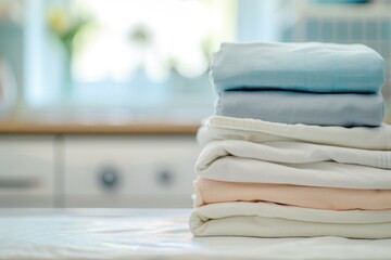 Clean bedding sheets stacked on a blurry laundry room backdrop - obrazy, fototapety, plakaty