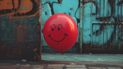 Smiling Red Balloon in Urban Decay
