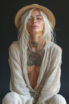 Portrait of a girl in light clothes and a hat with tattoos on a black background. Boho Style