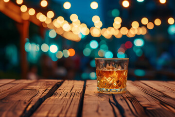 Cocktail on wooden table on a night bar terrace with blurred light. Generative AI