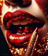 Fototapeta premium finger nibble at the teeth, close up photo of very seductive red lips,sexy,beautiful,realistic