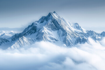 Obraz premium majestic mountain range rises above a sea of clouds, its peaks adorned with intricate patterns of snow and ice