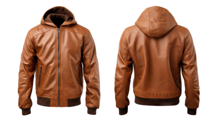 Men's brown leather jacket showcasing front and back views mock-up, cut out