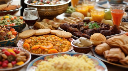 Traditional Ramadan Iftar Feast With an Assortment of Middle Eastern Dishes on a Table