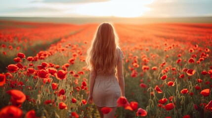 Fototapeta na wymiar A beautiful girl walks through a field with blooming tulips