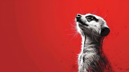  a picture of a meerkat looking up into the sky on a red background with black and white paint splatters on the upper half of its face. - obrazy, fototapety, plakaty