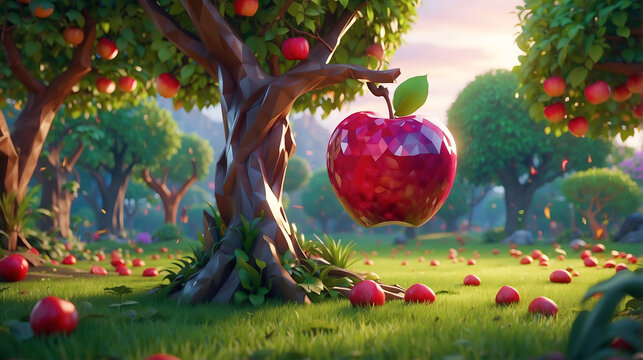 Forbidden fruit in the garden of Eden. Apple of temptation in paradise orchard
