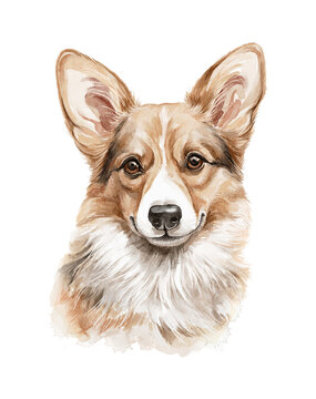 Watercolor portrait of ginger red head pembroke welsh corgi character isolated on white background. Hand drawn illustration sketch