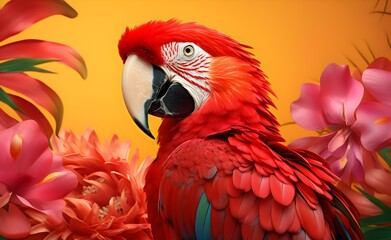 Vibrant Scarlet Macaw Parrot Among Tropical Flowers generative ai