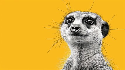  a close up of a meerkat's face on a yellow background with the meerkat's eyes wide open and the meerkat is looking straight ahead.