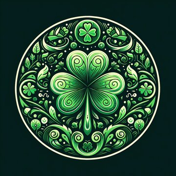 Decorative image of a large shamrock in a round large frame on a black background