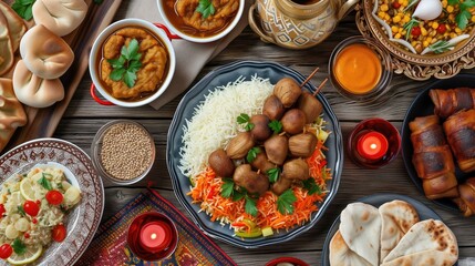 Traditional Iftar Feast Spread During Ramadan With Diverse Dishes and Candles