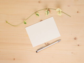 Paper card empty on wooden table with pen and ivy branch. Office stationery mock up flat lay. - 723287928