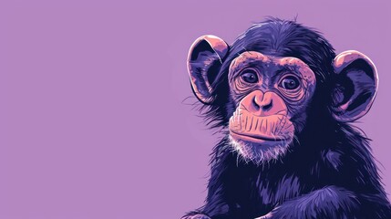 a close up of a monkey on a purple background with a blurry image of the face of a chimpanze on it's left and right side.