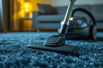 Cleaning carpet using a sweeper s head House cleaning service - obrazy, fototapety, plakaty