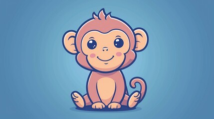  a cartoon monkey sitting on the ground with its eyes closed and a smile on it's face, with a blue background and a light blue wall behind it.