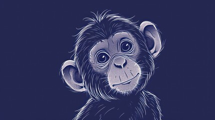  a drawing of a monkey's face with one eye open and one eye closed, on a dark blue background, with the other half of the monkey's head slightly turned to the other side.