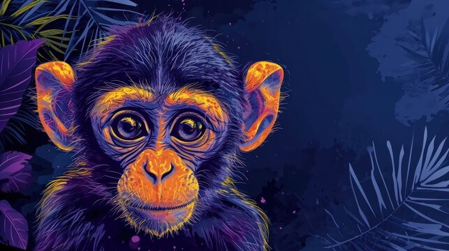  a close up of a monkey on a blue and purple background with palm leaves and a blue sky in the background is the image of a monkey's face.