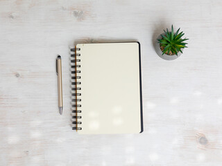 Spiral notebook empty on wooden table with pen and plant. Office stationery mock up flat lay. - 723288532