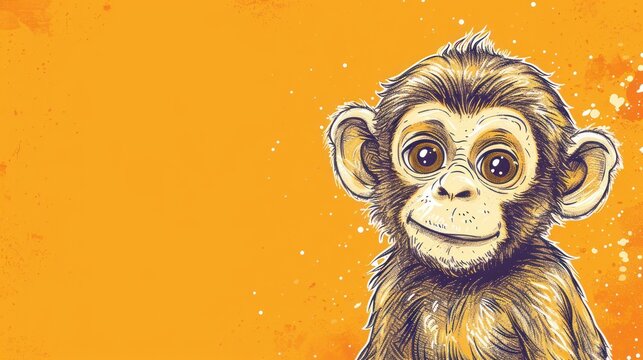  a drawing of a monkey with big eyes on an orange background with splots of paint on the bottom half of the image and bottom half of the monkey's face.