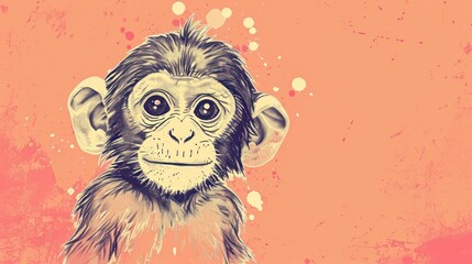 a drawing of a monkey's face on a pink background with a splash of watercolor on the upper half of the face and bottom half of the monkey's head.