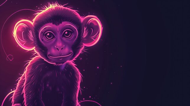  a digital painting of a monkey on a purple and pink background with bubbles of light coming out of it's ears and the monkey's face is looking at the camera.