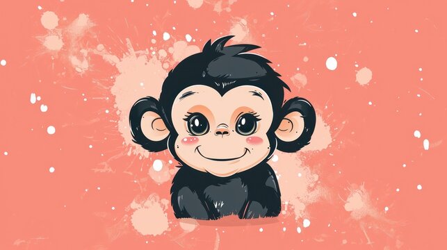  a picture of a monkey with a smile on it's face, on a pink background with snow flecks and a splash of watercolor paint behind it.