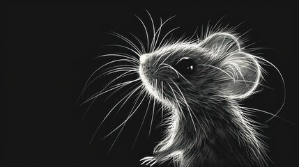  a black and white drawing of a rat looking up at something in the air with it's front paws on a black background with a white outline of a black background.