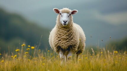 Obraz premium A beautiful big fat sheep stands and looks at the camera