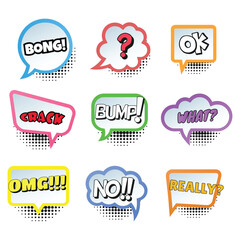 A set of comic speech bubbles and elements with halftone shadows - obrazy, fototapety, plakaty