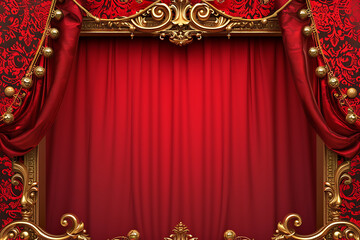 Grand opening with red curtain and golden decorations on stage theatre with red background.