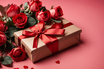 Red roses flowers with a gift box on a nice background