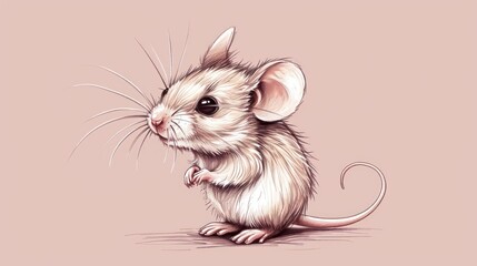  a drawing of a mouse sitting on its hind legs with its front paws on the side of the mouse, with a pink background behind it is a pink background.